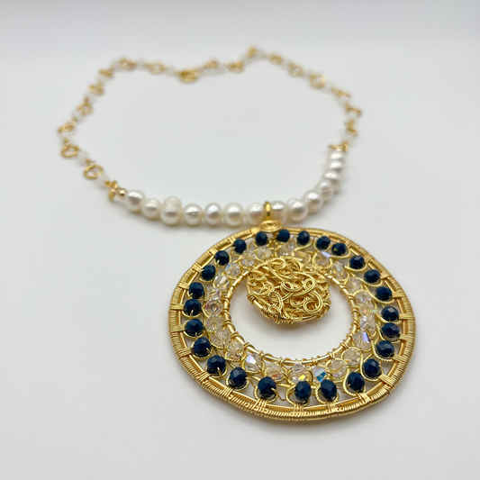 Gold Hoop Necklace with Pearl Chain