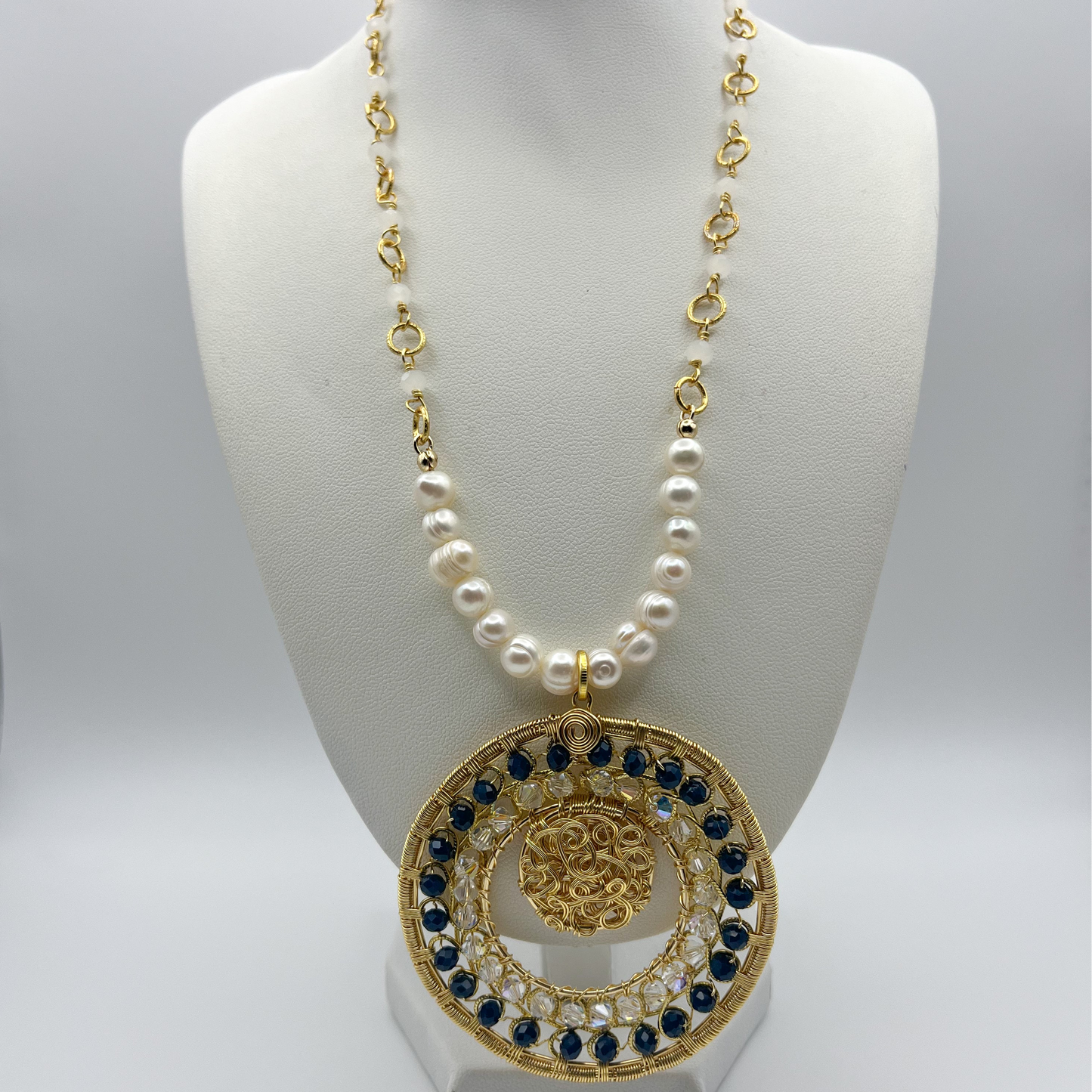 Gold Hoop Necklace with Pearl Chain