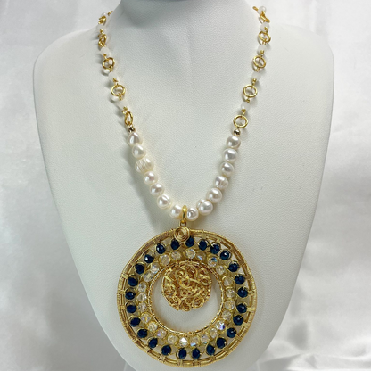 Gold Hoop Necklace with Pearl Chain